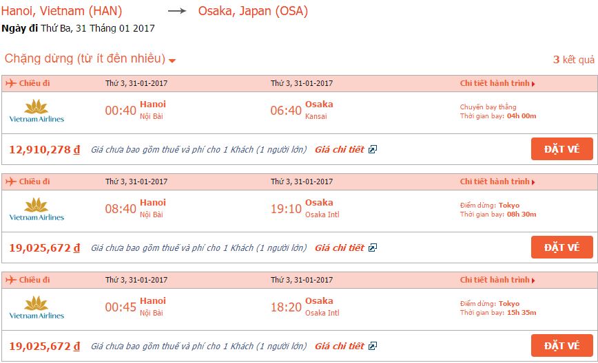 Bảng giá vé máy bay Vietnam Airlines Hà Nội đi Osaka