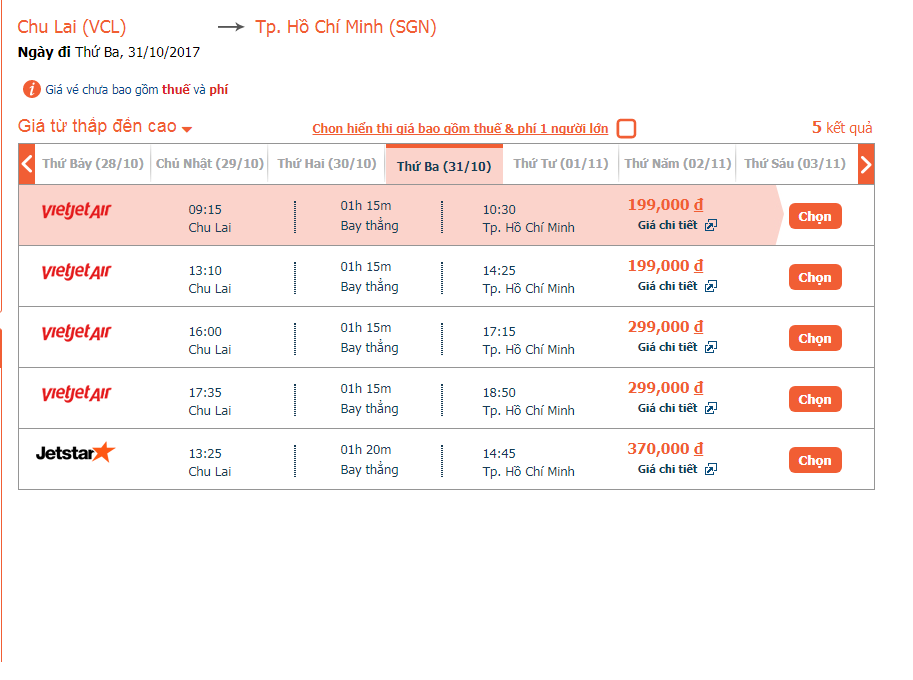 Giá vé tham khảo cho chặng bay Chu Lai - Sài Gòn