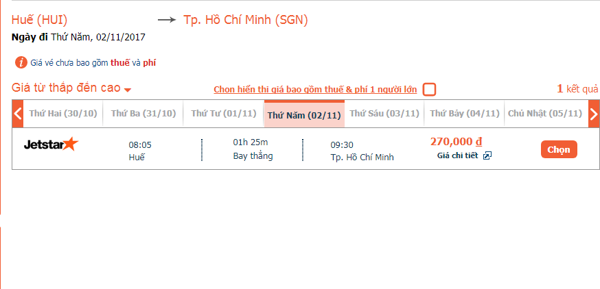 Giá vé chi tiết chặng bay Huế - Sài Gòn hãng Jetstar