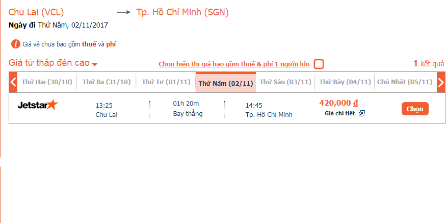 Giá vé chi tiết chặng Chu Lai - Sài Gòn ngày 2/11