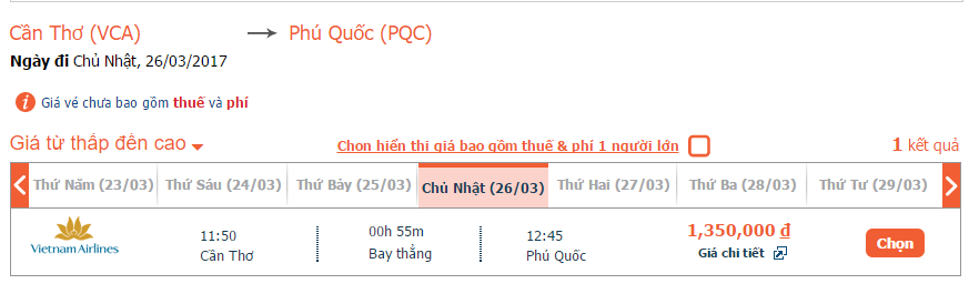 Giá vé máy bay từ Cần Thơ đi Phú Quốc